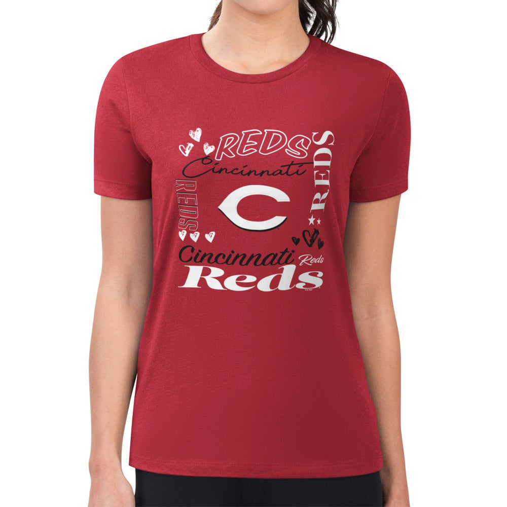 Cincinnati Reds G-III 4Her by Carl Banks Women's Super-Slim Fit Lightweight Collage Team Graphic Crew Neck T-Shirt - Red