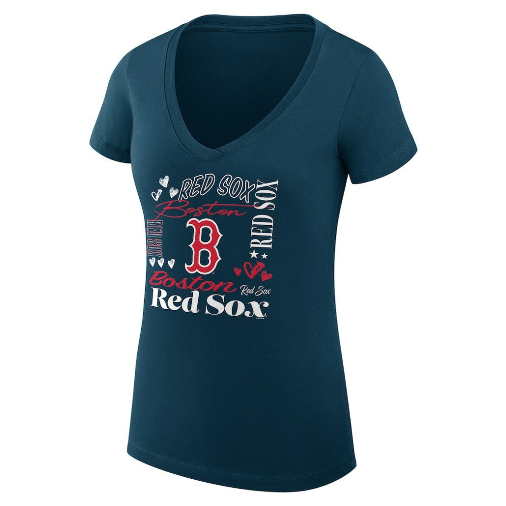 Boston Red Sox G-III 4Her by Carl Banks Women's Super-Slim Fit Lightweight Collage Team Graphic V-Neck T-Shirt - Navy