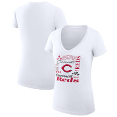 Cincinnati Reds G-III 4Her by Carl Banks Women's Super-Slim Fit Lightweight Collage Team Graphic V-Neck T-Shirt - White