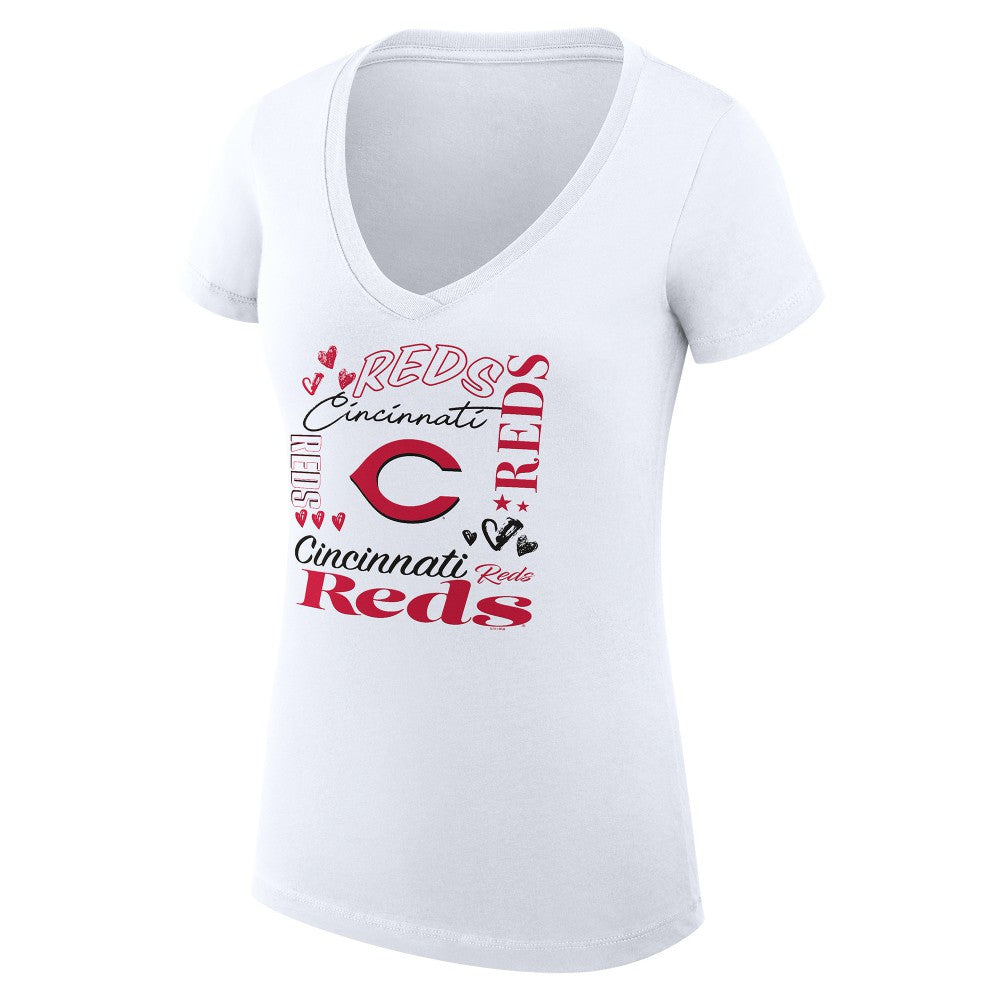Cincinnati Reds G-III 4Her by Carl Banks Women's Super-Slim Fit Lightweight Collage Team Graphic V-Neck T-Shirt - White
