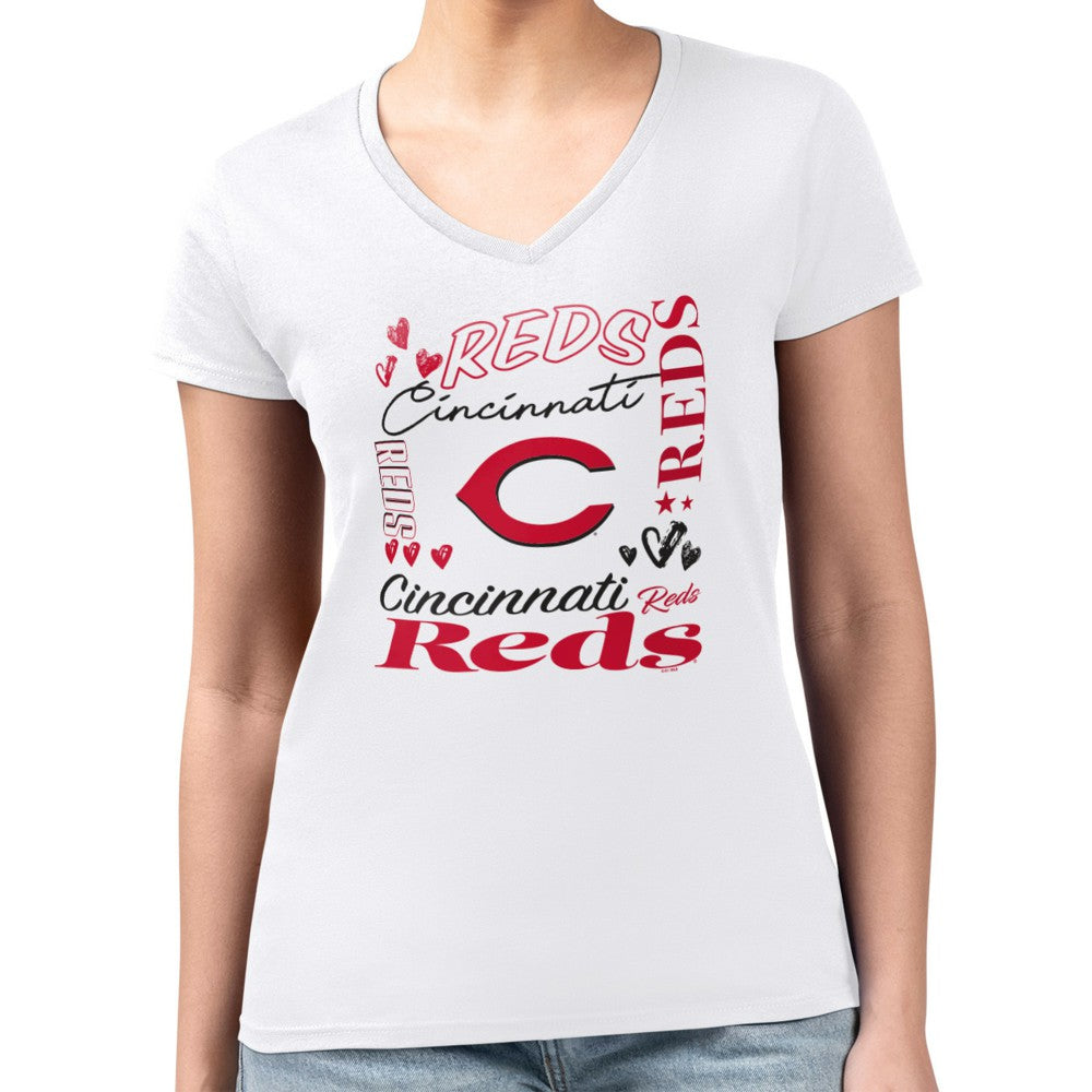 Cincinnati Reds G-III 4Her by Carl Banks Women's Super-Slim Fit Lightweight Collage Team Graphic V-Neck T-Shirt - White