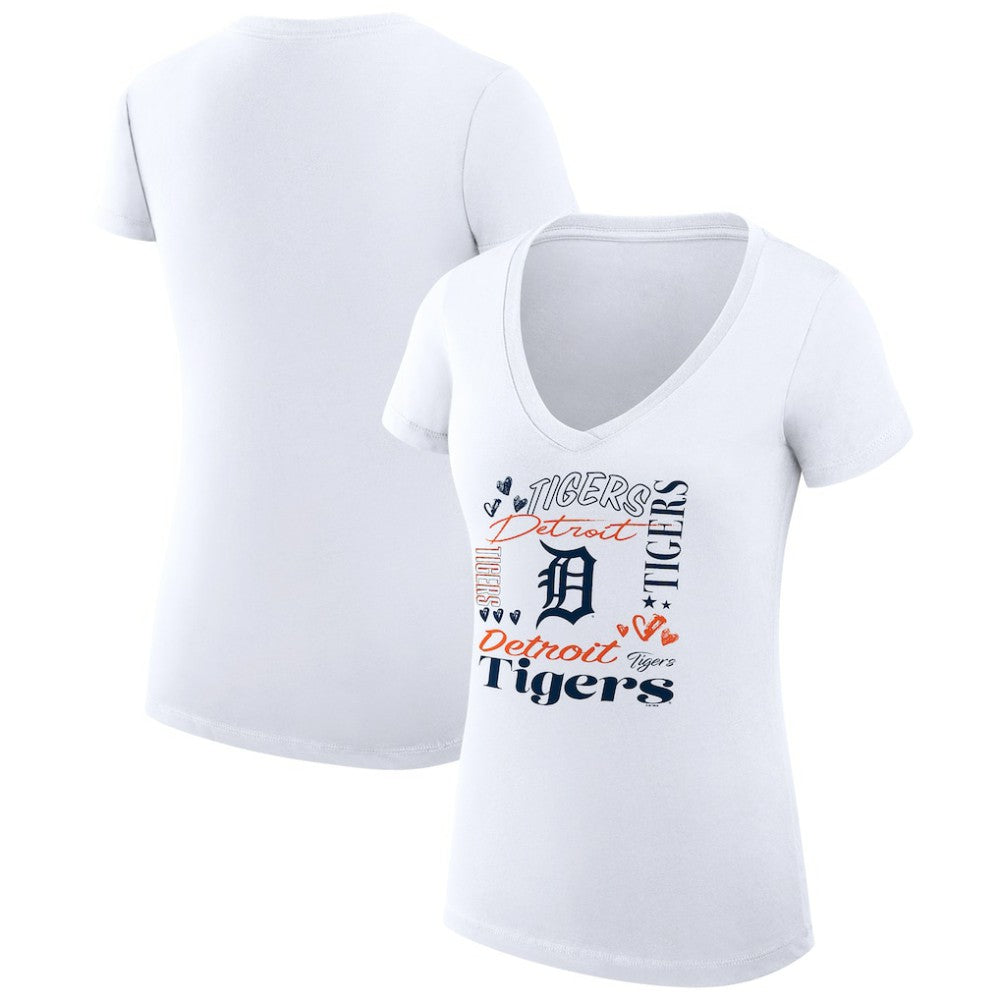 Detroit Tigers G-III 4Her by Carl Banks Women's Super-Slim Fit Lightweight Collage Team Graphic V-Neck T-Shirt - White