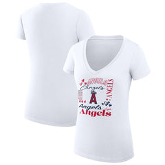 Los Angeles Angels G-III 4Her by Carl Banks Women's Super-Slim Fit Lightweight Collage Team Graphic V-Neck T-Shirt - White