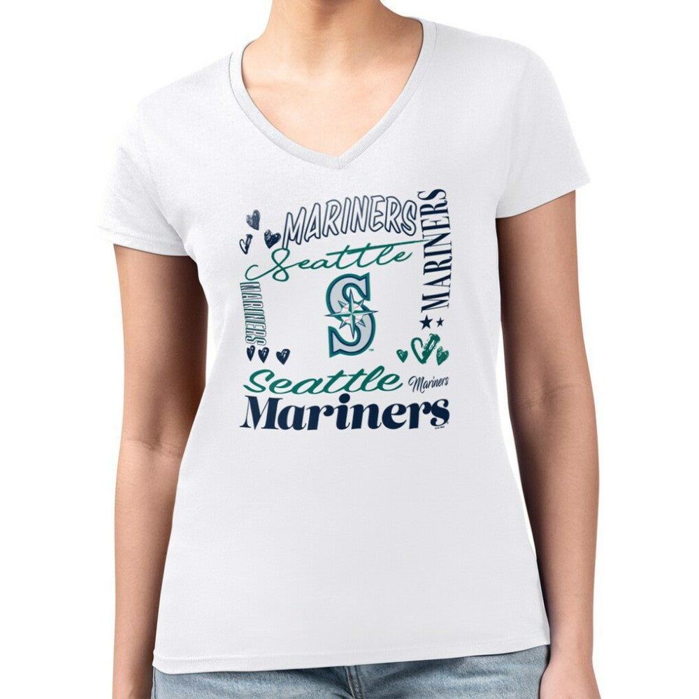 Seattle Mariners G-III 4Her by Carl Banks Women's Super-Slim Fit Lightweight Collage Team Graphic V-Neck T-Shirt - White