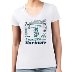 Seattle Mariners G-III 4Her by Carl Banks Women's Super-Slim Fit Lightweight Collage Team Graphic V-Neck T-Shirt - White