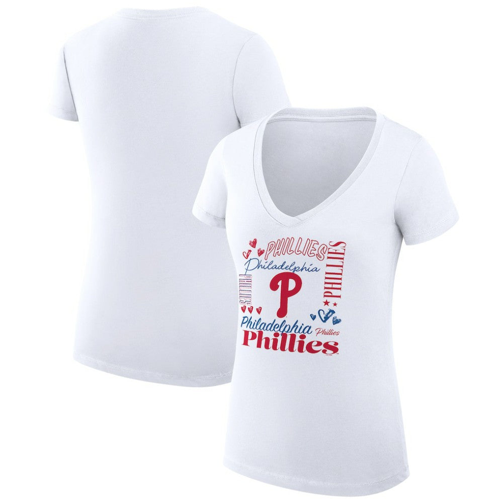 Philadelphia Phillies G-III 4Her by Carl Banks Women's Super-Slim Fit Lightweight Collage Team Graphic V-Neck T-Shirt - White