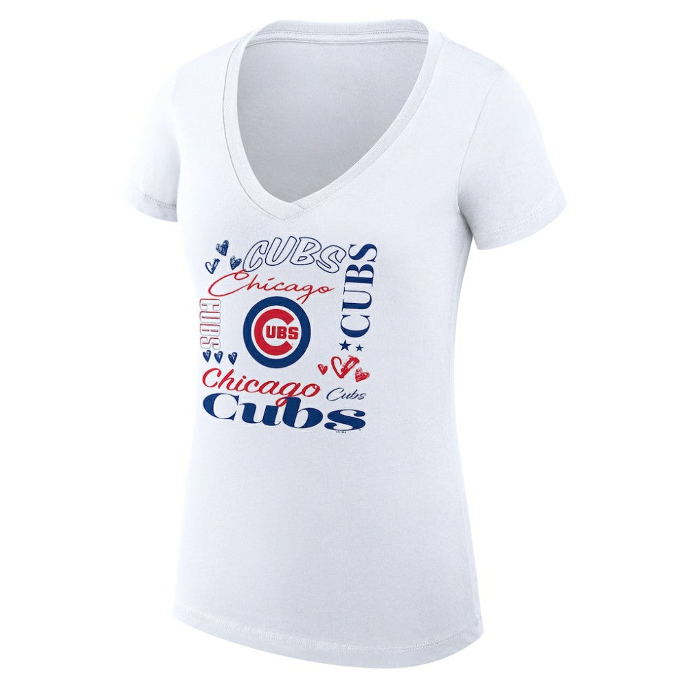 Chicago Cubs G-III 4Her by Carl Banks Women's Super-Slim Fit Lightweight Collage Team Graphic V-Neck T-Shirt - White