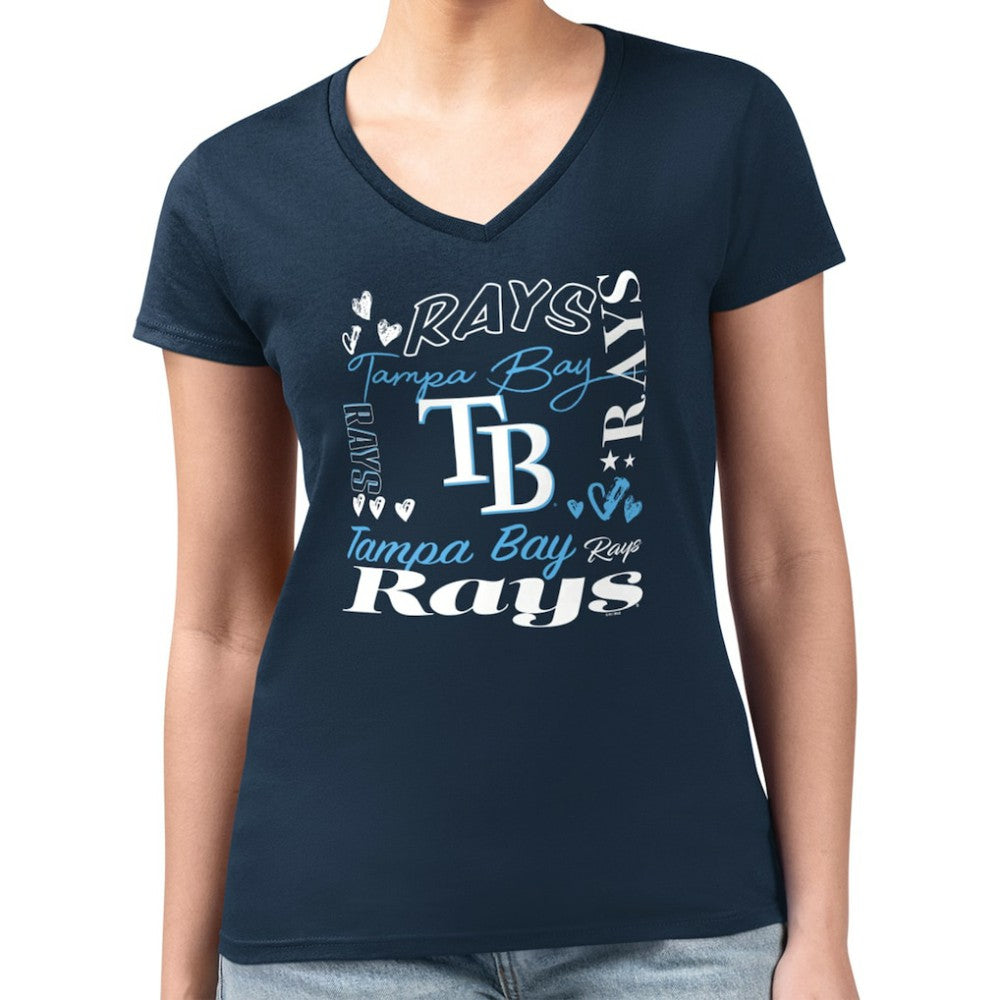 Tampa Bay Rays G-III 4Her by Carl Banks Women's Super-Slim Fit Lightweight Collage Team Graphic V-Neck T-Shirt - Navy