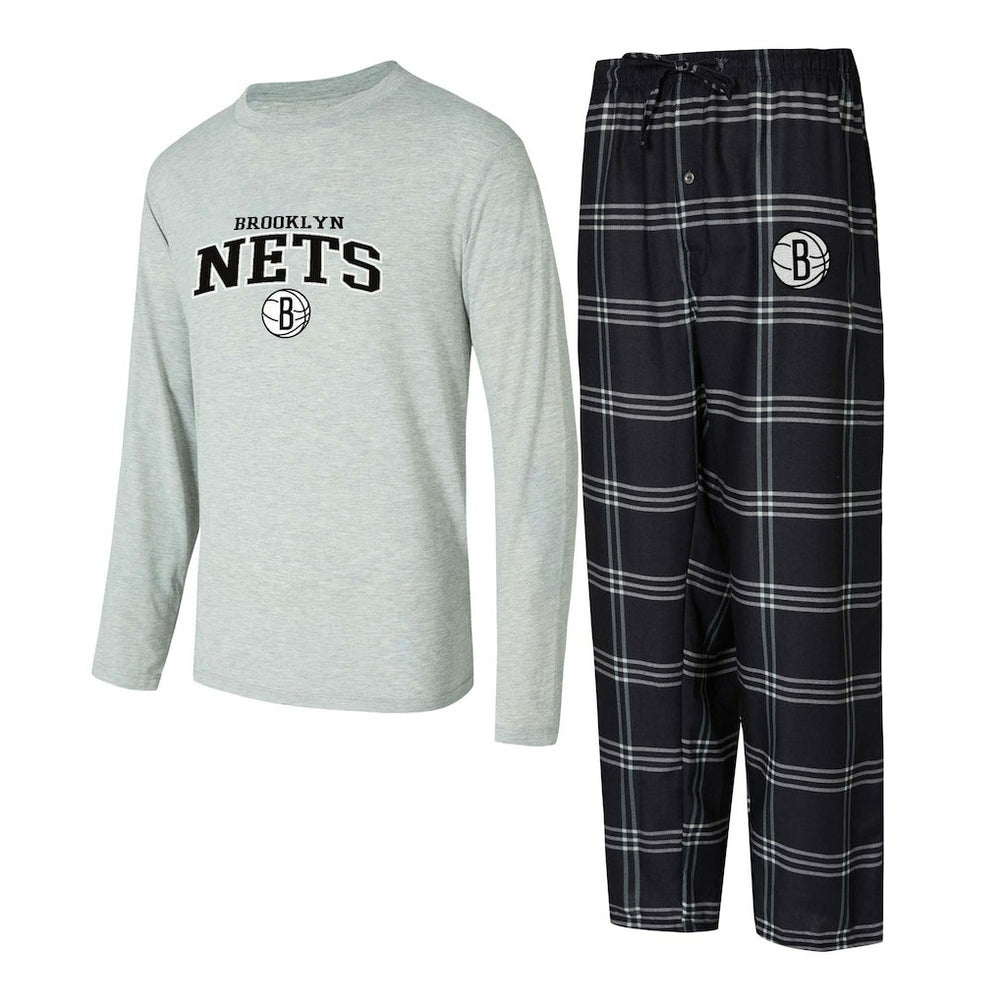 Brooklyn Nets Concepts Sport Petition Long Sleeve Top and Plaid Pant Set - Black/Gray cheap