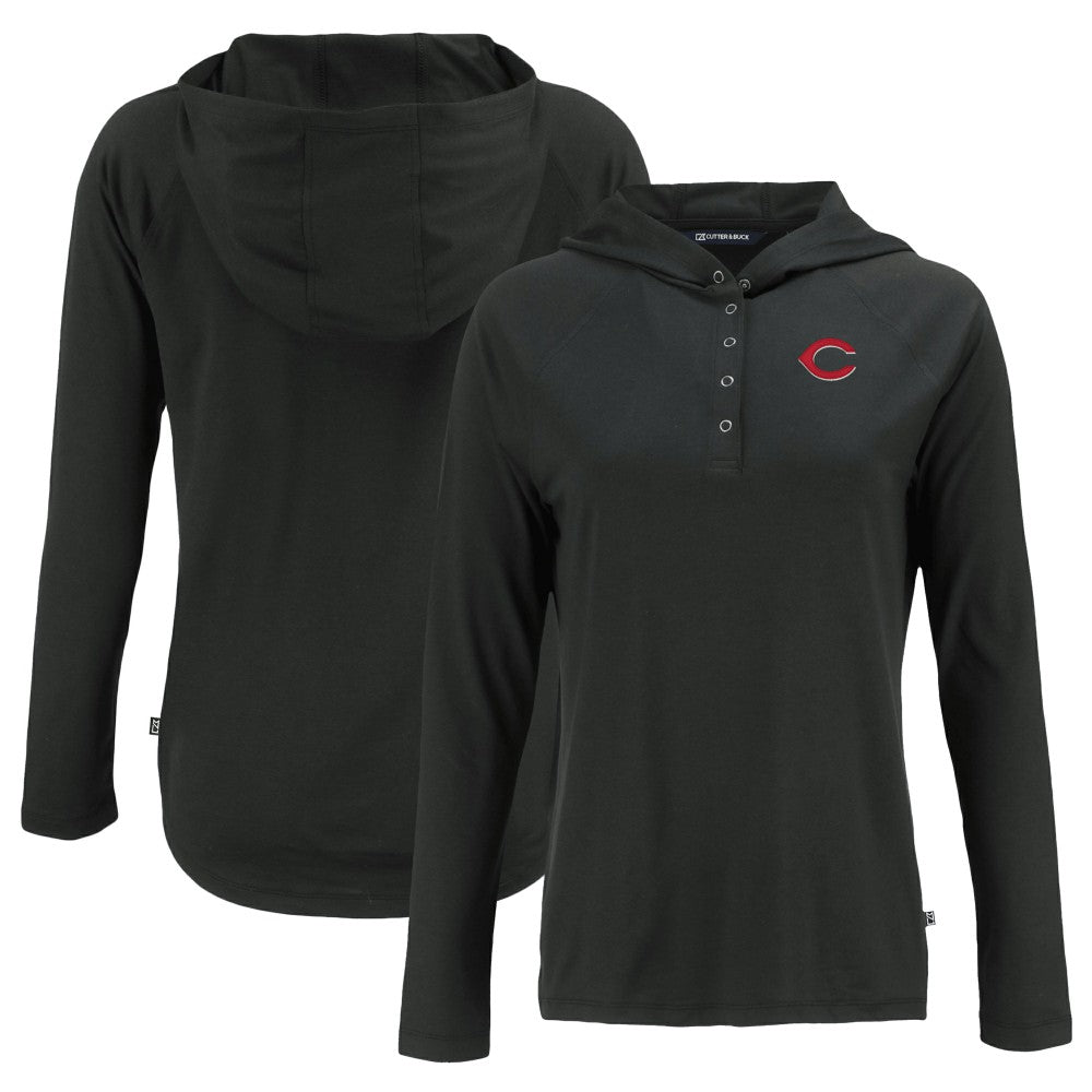 Cincinnati Reds Cutter & Buck Women's  Coastline Epic Comfort Eco Recycled Hoodie Raglan Long Sleeve T-Shirt - Black