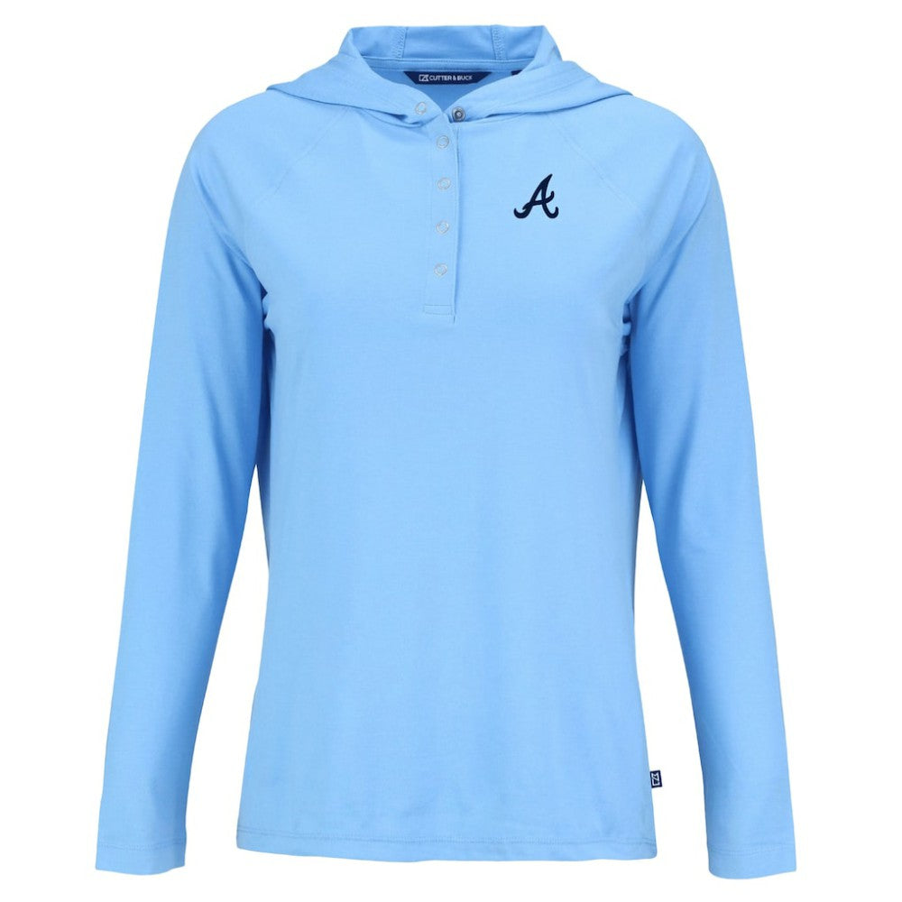 Atlanta Braves Cutter & Buck Women's  Coastline Epic Comfort Eco Recycled Hoodie Raglan Long Sleeve T-Shirt - Powder Blue
