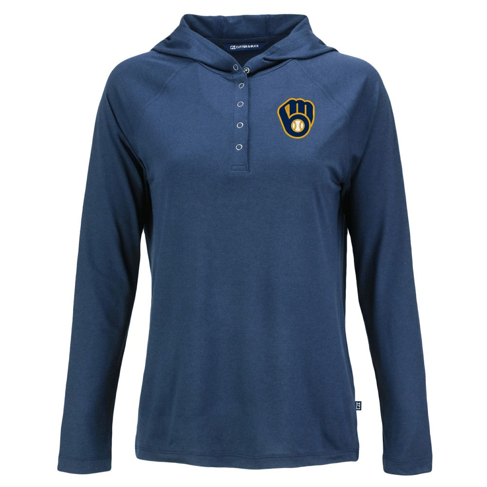 Milwaukee Brewers Cutter & Buck Women's  Coastline Epic Comfort Eco Recycled Hoodie Raglan Long Sleeve T-Shirt - Navy