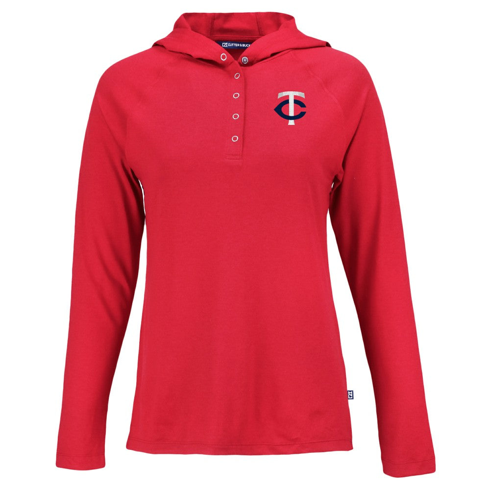 Minnesota Twins Cutter & Buck Women's  Coastline Epic Comfort Eco Recycled Hoodie Raglan Long Sleeve T-Shirt - Red