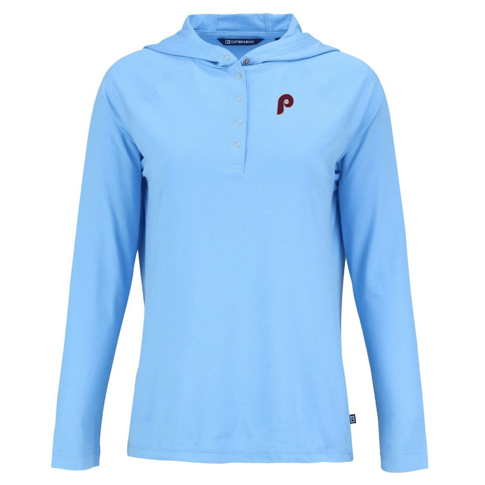 Philadelphia Phillies Cutter & Buck Women's Cooperstown Collection Coastline Epic Comfort Eco Recycled Hoodie Raglan Long Sleeve T-Shirt - Powder Blue