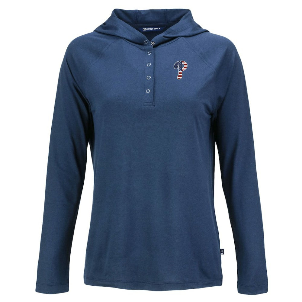 Philadelphia Phillies Cutter & Buck Women's Stars And Stripes Coastline Epic Comfort Eco Recycled Hoodie Raglan Long Sleeve T-Shirt - Navy