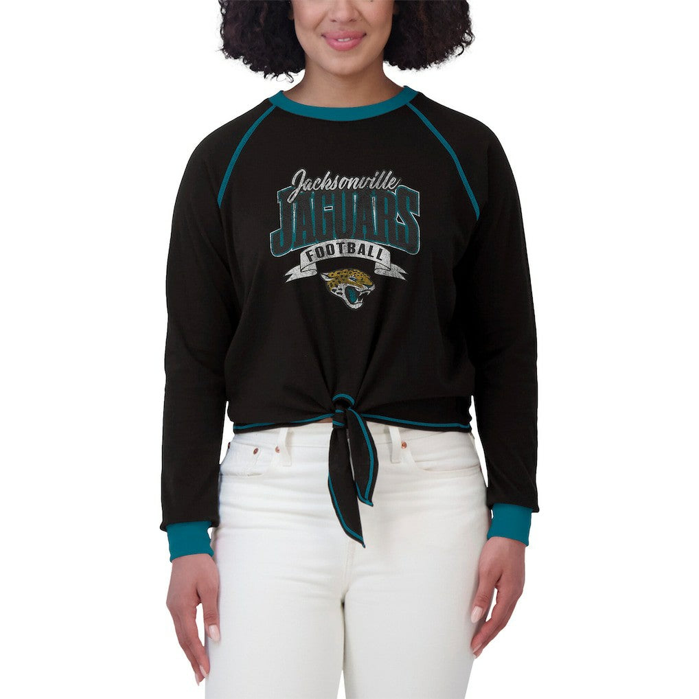 Jacksonville Jaguars WEAR by Erin Andrews Women's Tie-Front Long Sleeve Top - Black/Teal on sale