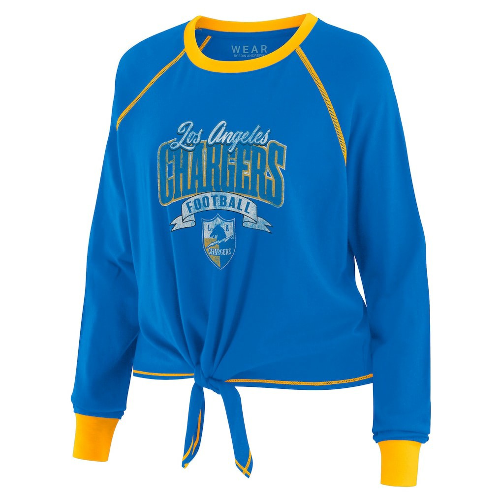 Los Angeles Chargers WEAR by Erin Andrews Women's Tie-Front Long Sleeve Top - Powder Blue/Yellow outlet
