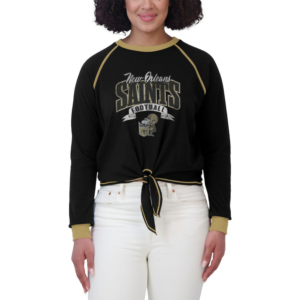New Orleans Saints WEAR by Erin Andrews Women's Tie-Front Long Sleeve Top - Black/Gold cheap