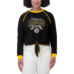 Pittsburgh Steelers WEAR by Erin Andrews Women's Tie-Front Long Sleeve Top - Black/Gold on sale