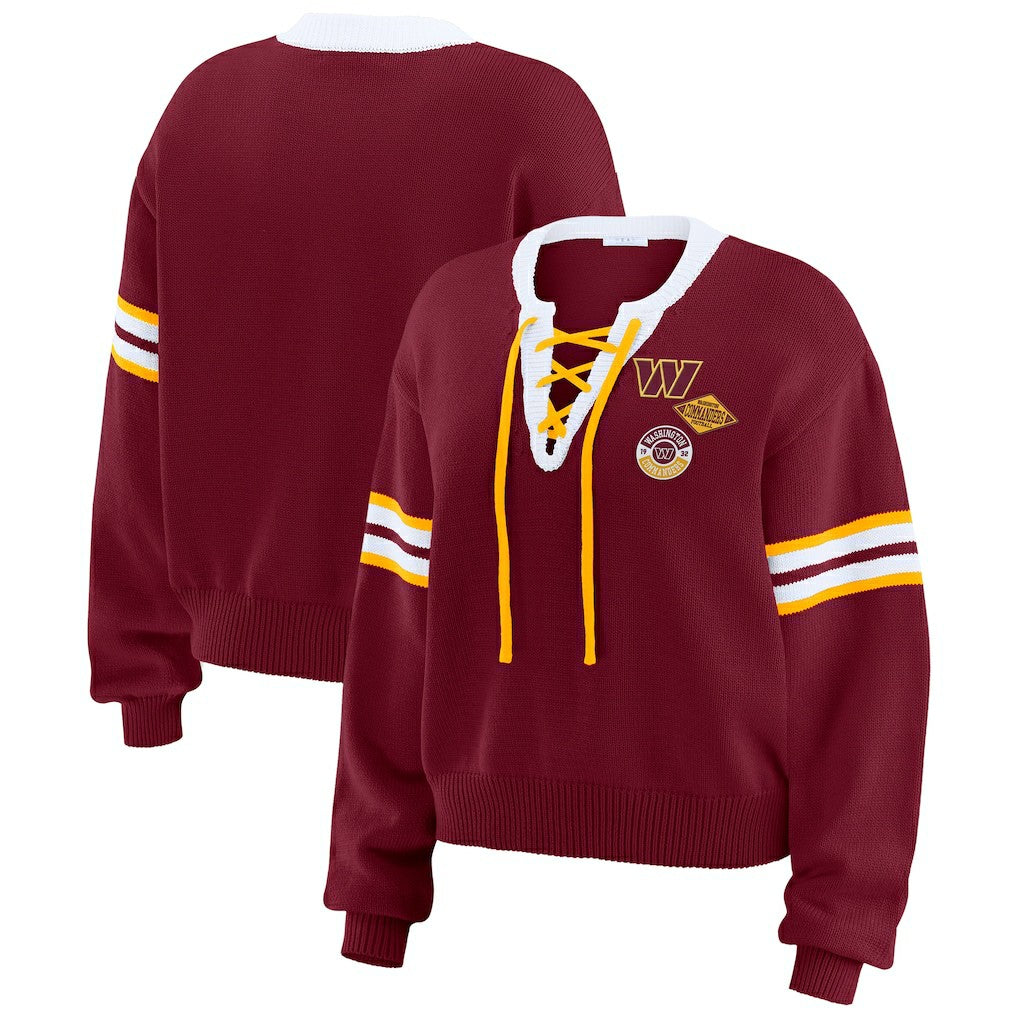 Washington Commanders WEAR by Erin Andrews Women's Lace-Up Pullover Sweatshirt - Burgundy on sale