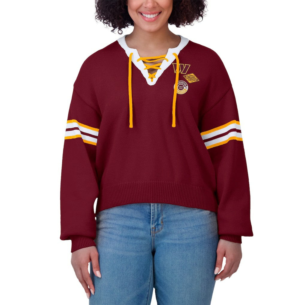 Washington Commanders WEAR by Erin Andrews Women's Lace-Up Pullover Sweatshirt - Burgundy on sale