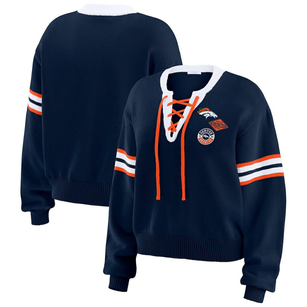 Denver Broncos WEAR by Erin Andrews Women's Lace-Up Pullover Sweatshirt - Navy outlet