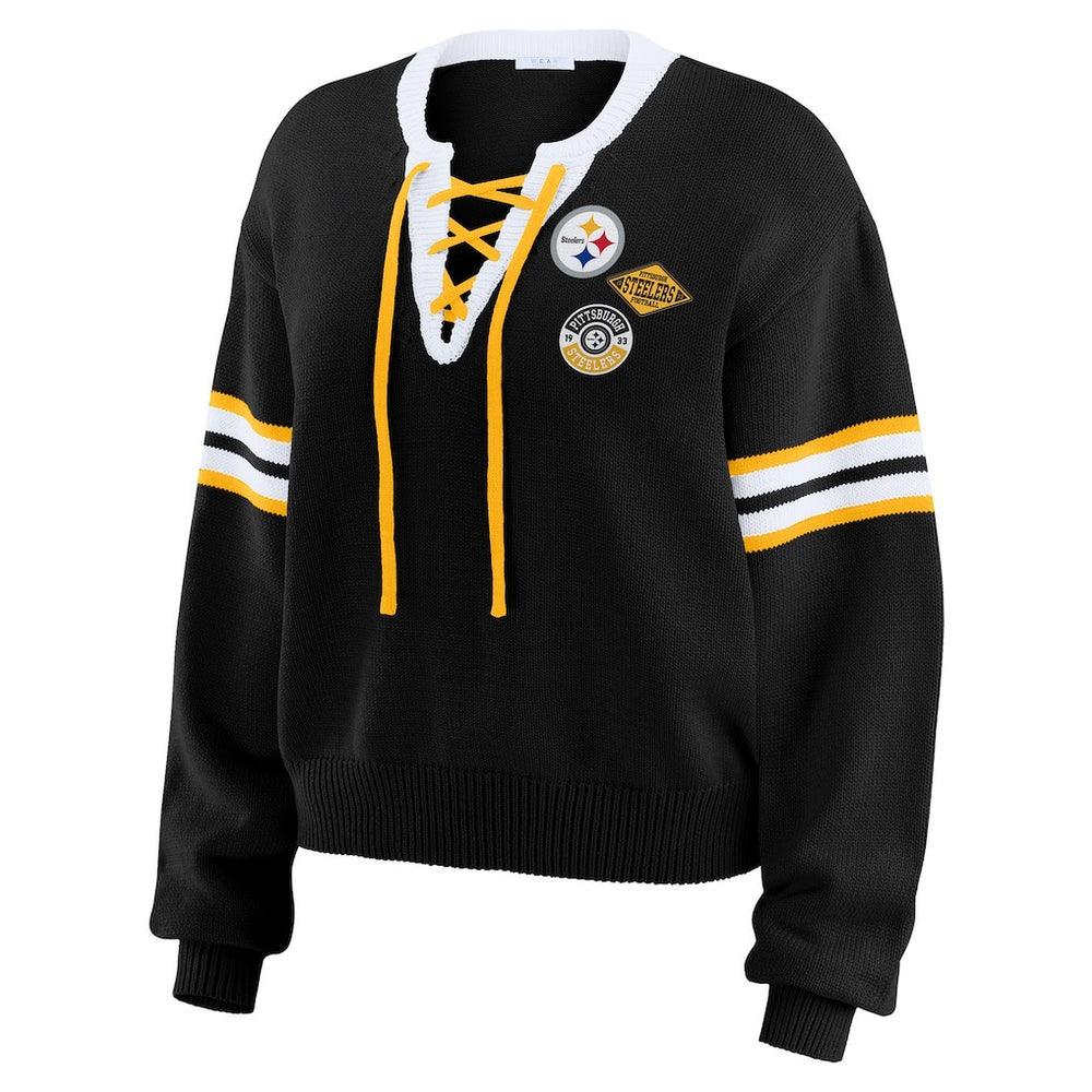Pittsburgh Steelers WEAR by Erin Andrews Women's Lace-Up Pullover Sweatshirt - Black on sale