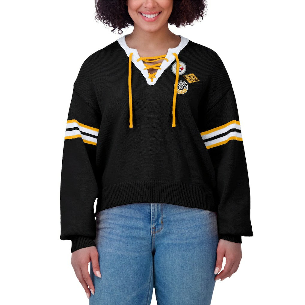 Pittsburgh Steelers WEAR by Erin Andrews Women's Lace-Up Pullover Sweatshirt - Black on sale