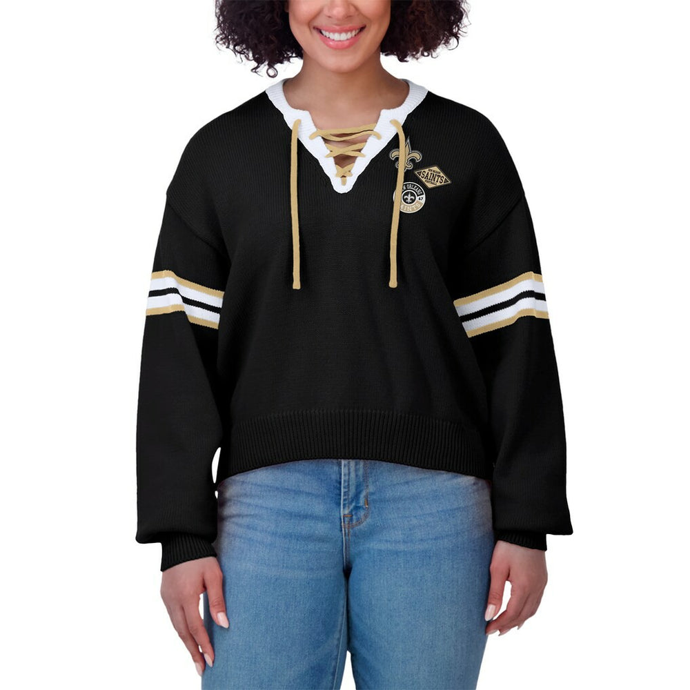 New Orleans Saints WEAR by Erin Andrews Women's Lace-Up Pullover Sweatshirt - Black on sale