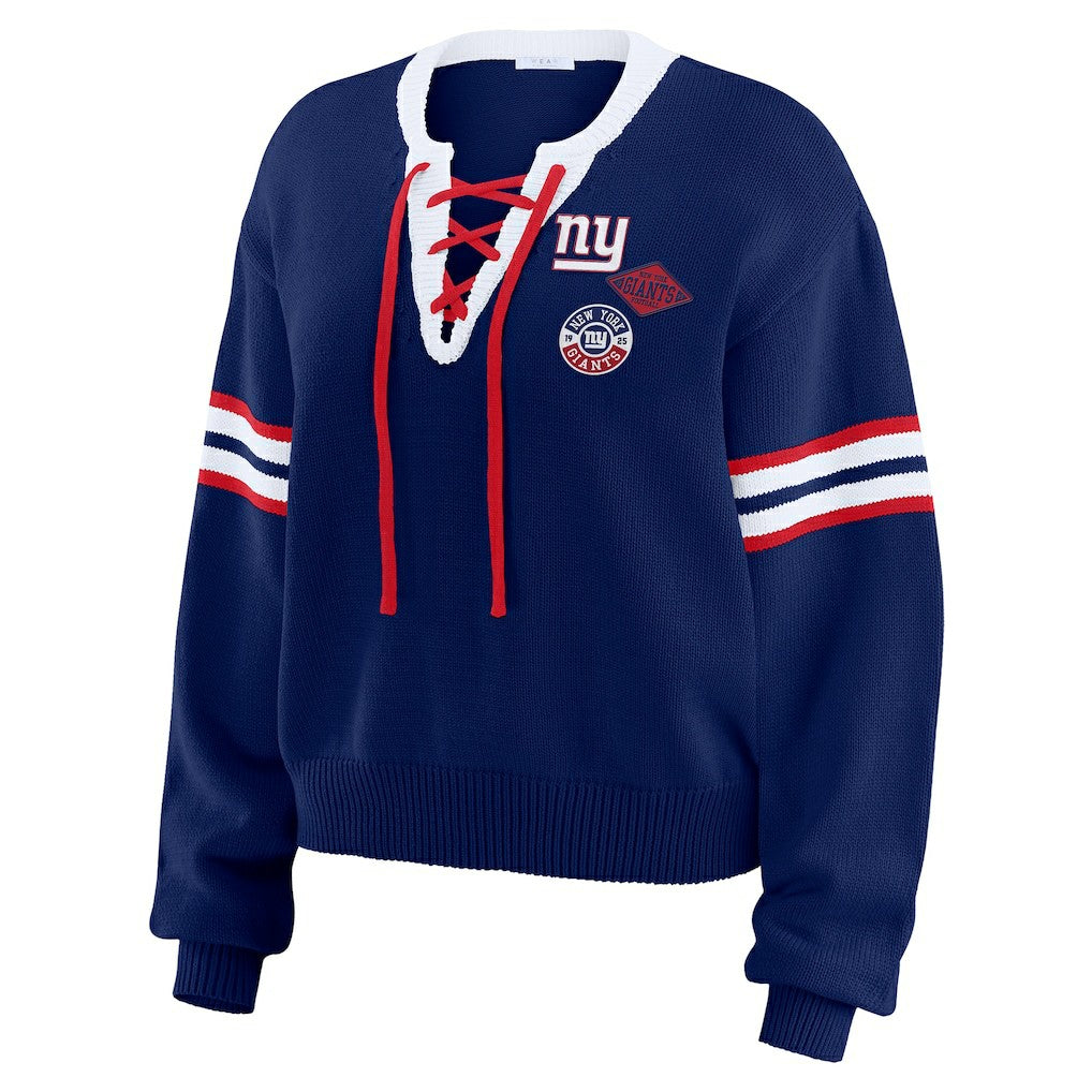 New York Giants WEAR by Erin Andrews Women's Lace-Up Pullover Sweatshirt - Royal sale