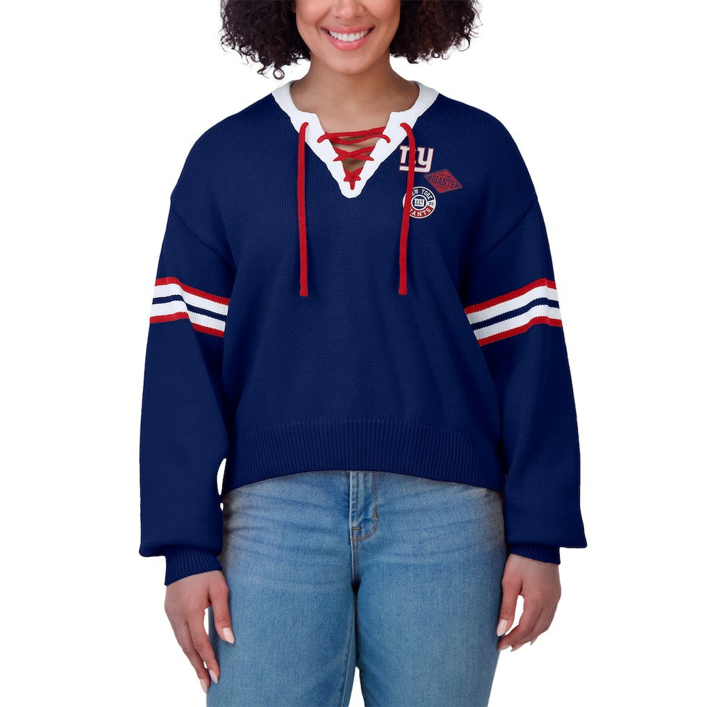 New York Giants WEAR by Erin Andrews Women's Lace-Up Pullover Sweatshirt - Royal sale