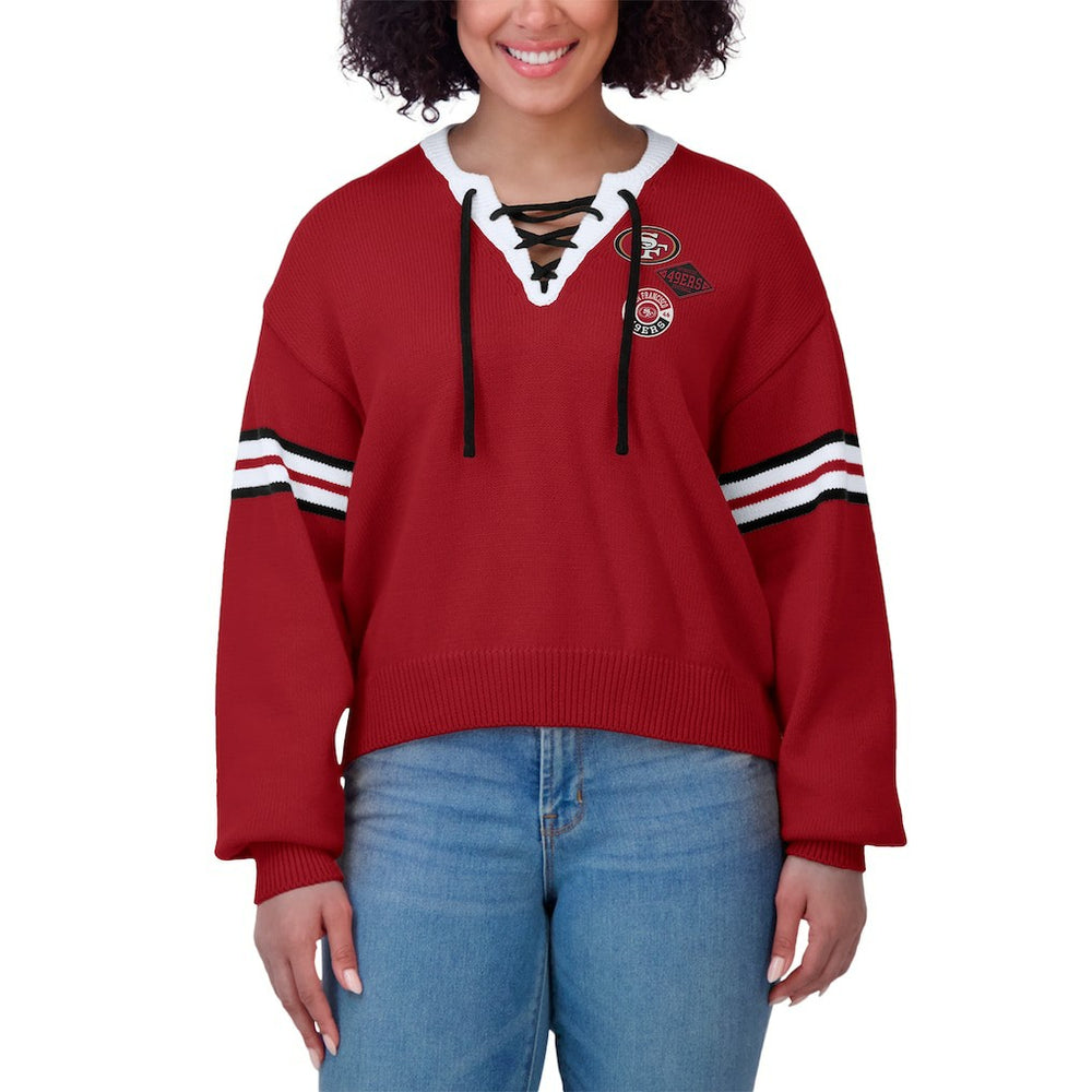San Francisco 49ers WEAR by Erin Andrews Women's Lace-Up Pullover Sweatshirt - Scarlet on sale