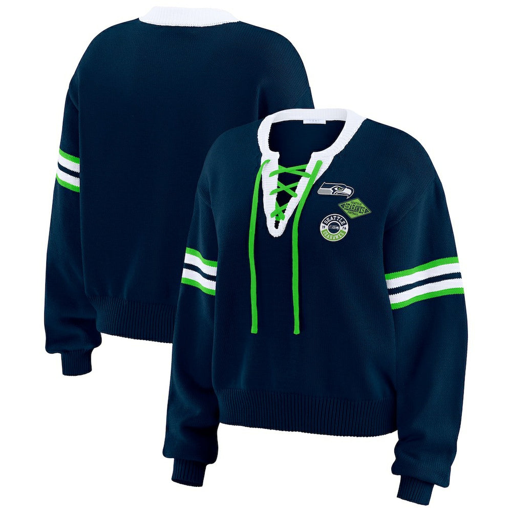 Seattle Seahawks WEAR by Erin Andrews Women's Lace-Up Pullover Sweatshirt - Navy online