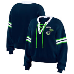 Seattle Seahawks WEAR by Erin Andrews Women's Lace-Up Pullover Sweatshirt - Navy online