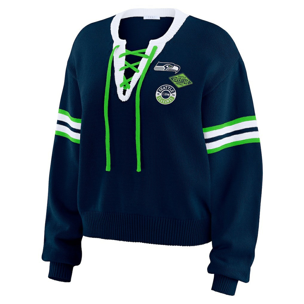 Seattle Seahawks WEAR by Erin Andrews Women's Lace-Up Pullover Sweatshirt - Navy online