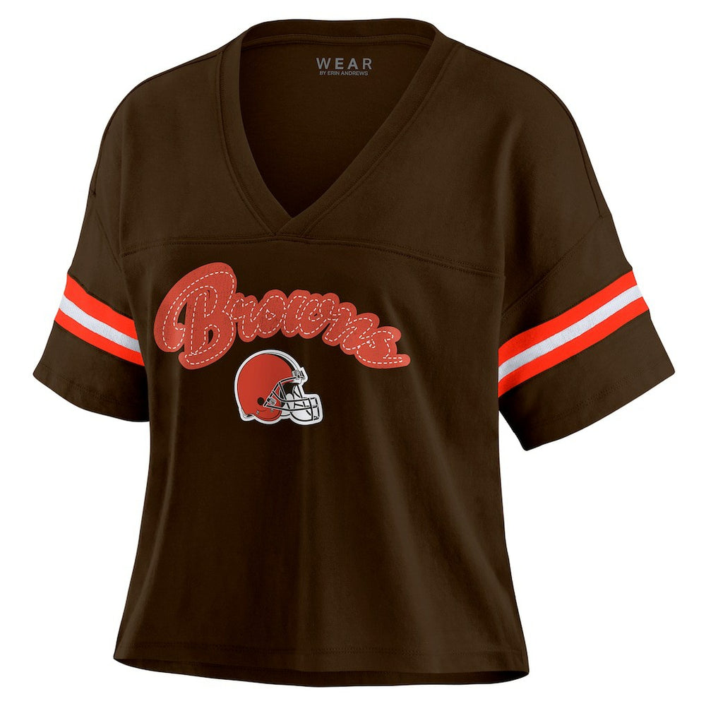 Cleveland Browns WEAR by Erin Andrews Women's Color Block Boxy Modest Crop V-Neck T-Shirt - Brown online