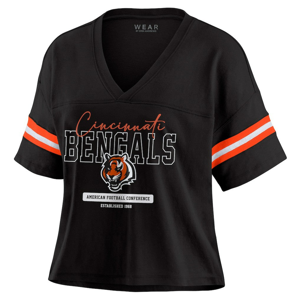 Cincinnati Bengals WEAR by Erin Andrews Women's Color Block Boxy Modest Crop V-Neck T-Shirt - Black online