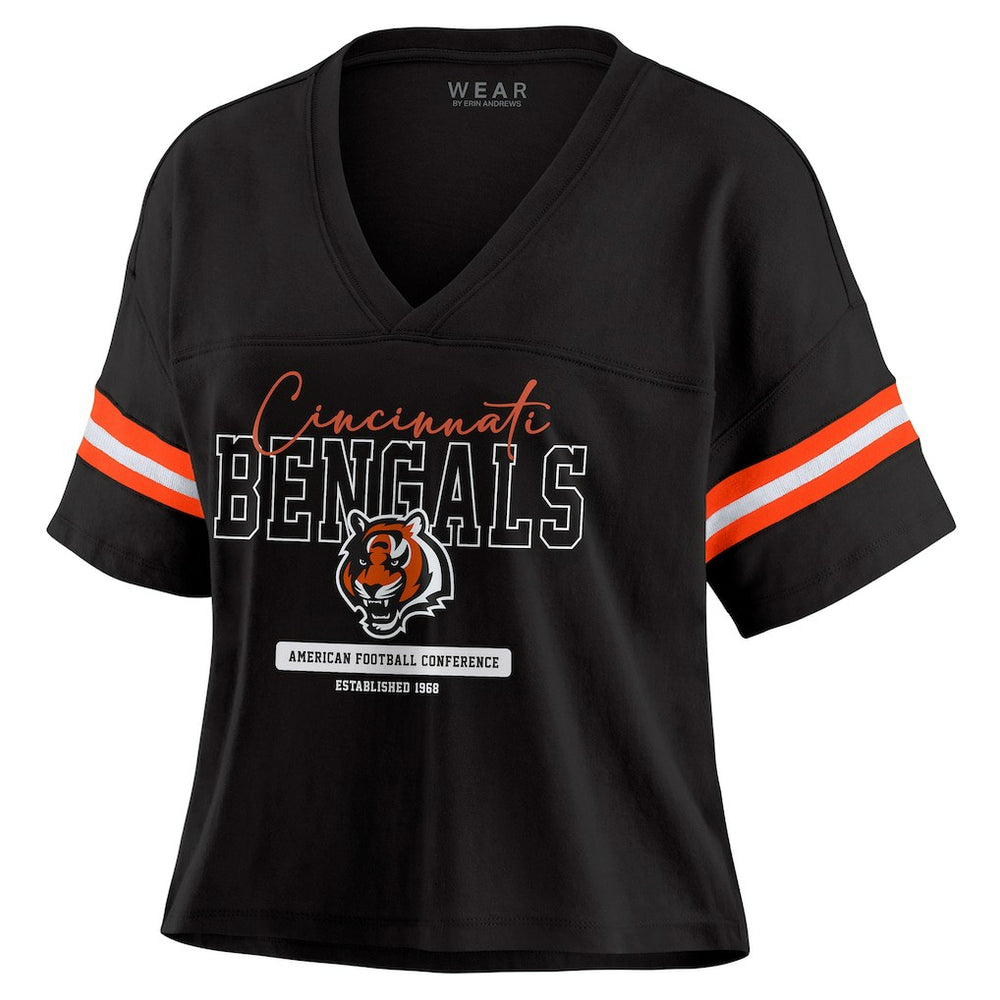 Cincinnati Bengals WEAR by Erin Andrews Women's Color Block Boxy Modest Crop V-Neck T-Shirt - Black online