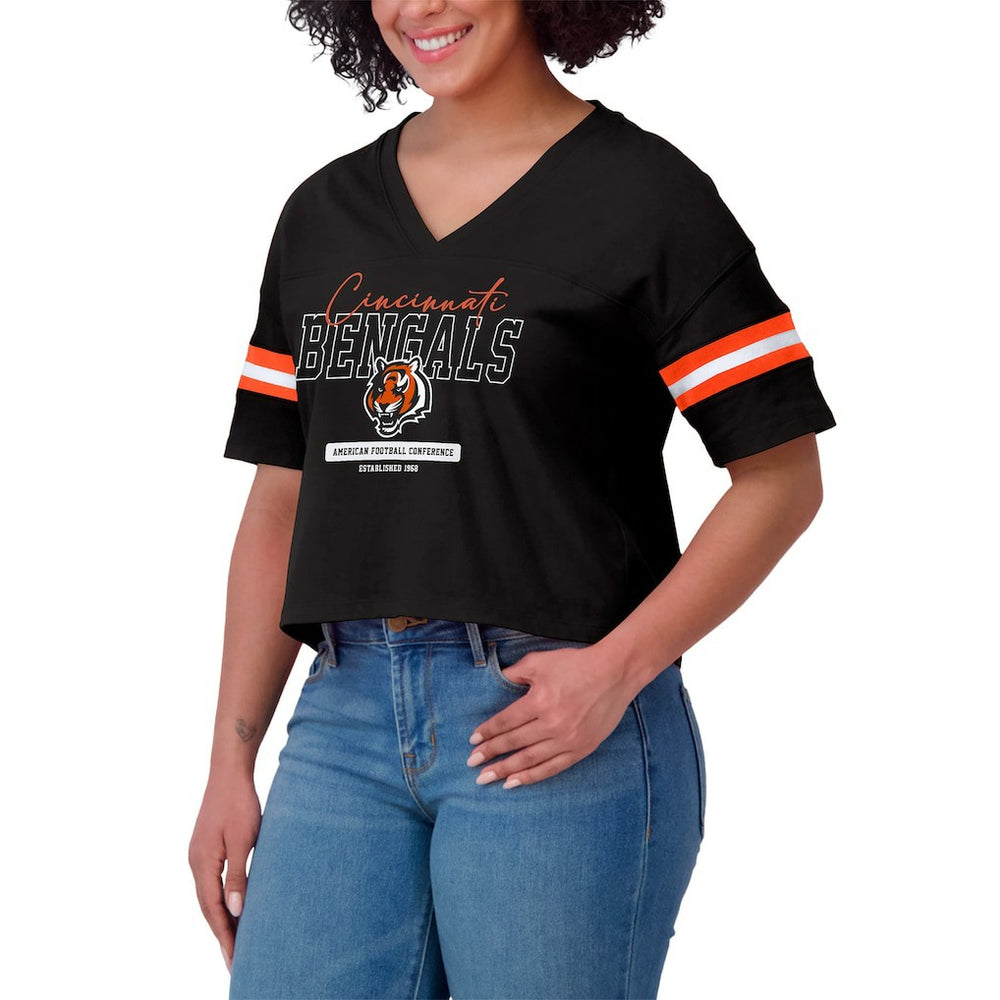 Cincinnati Bengals WEAR by Erin Andrews Women's Color Block Boxy Modest Crop V-Neck T-Shirt - Black online
