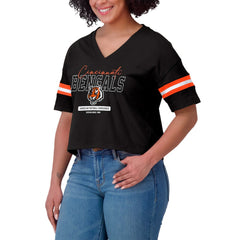 Cincinnati Bengals WEAR by Erin Andrews Women's Color Block Boxy Modest Crop V-Neck T-Shirt - Black online