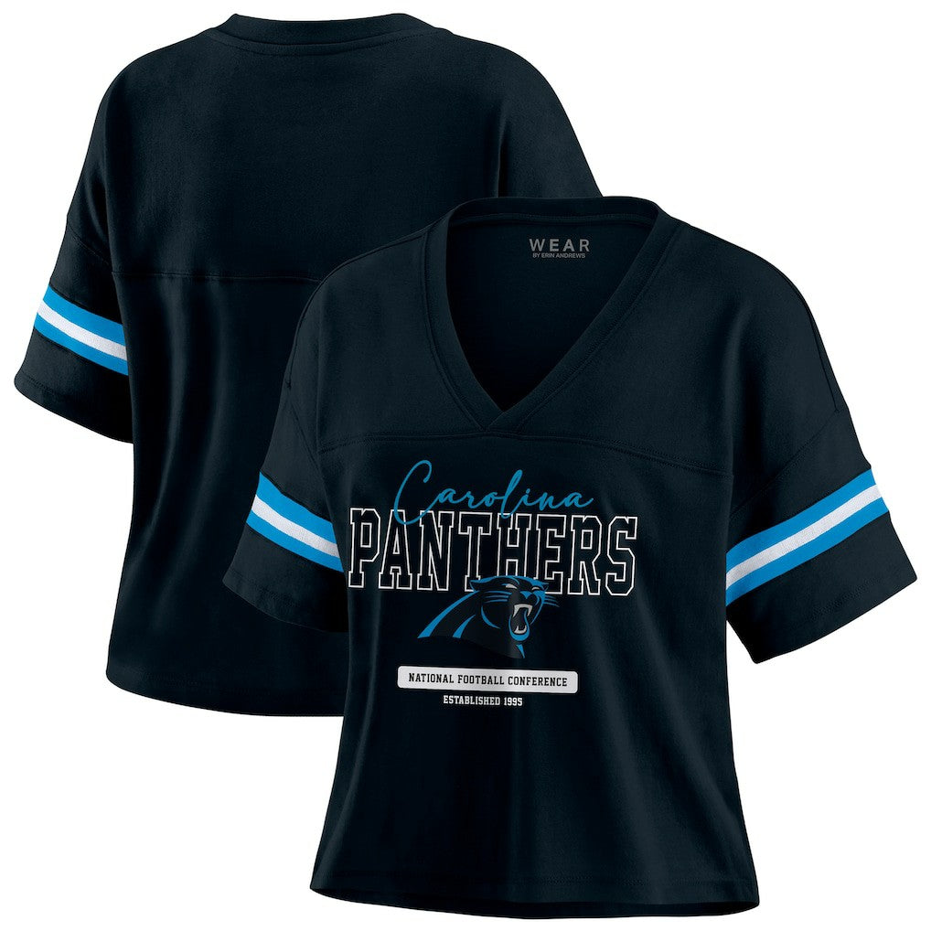 Carolina Panthers WEAR by Erin Andrews Women's Color Block Boxy Modest Crop V-Neck T-Shirt - Black for sale