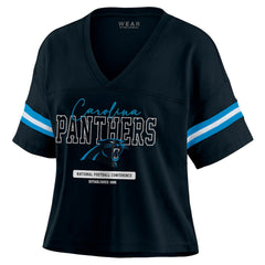 Carolina Panthers WEAR by Erin Andrews Women's Color Block Boxy Modest Crop V-Neck T-Shirt - Black for sale