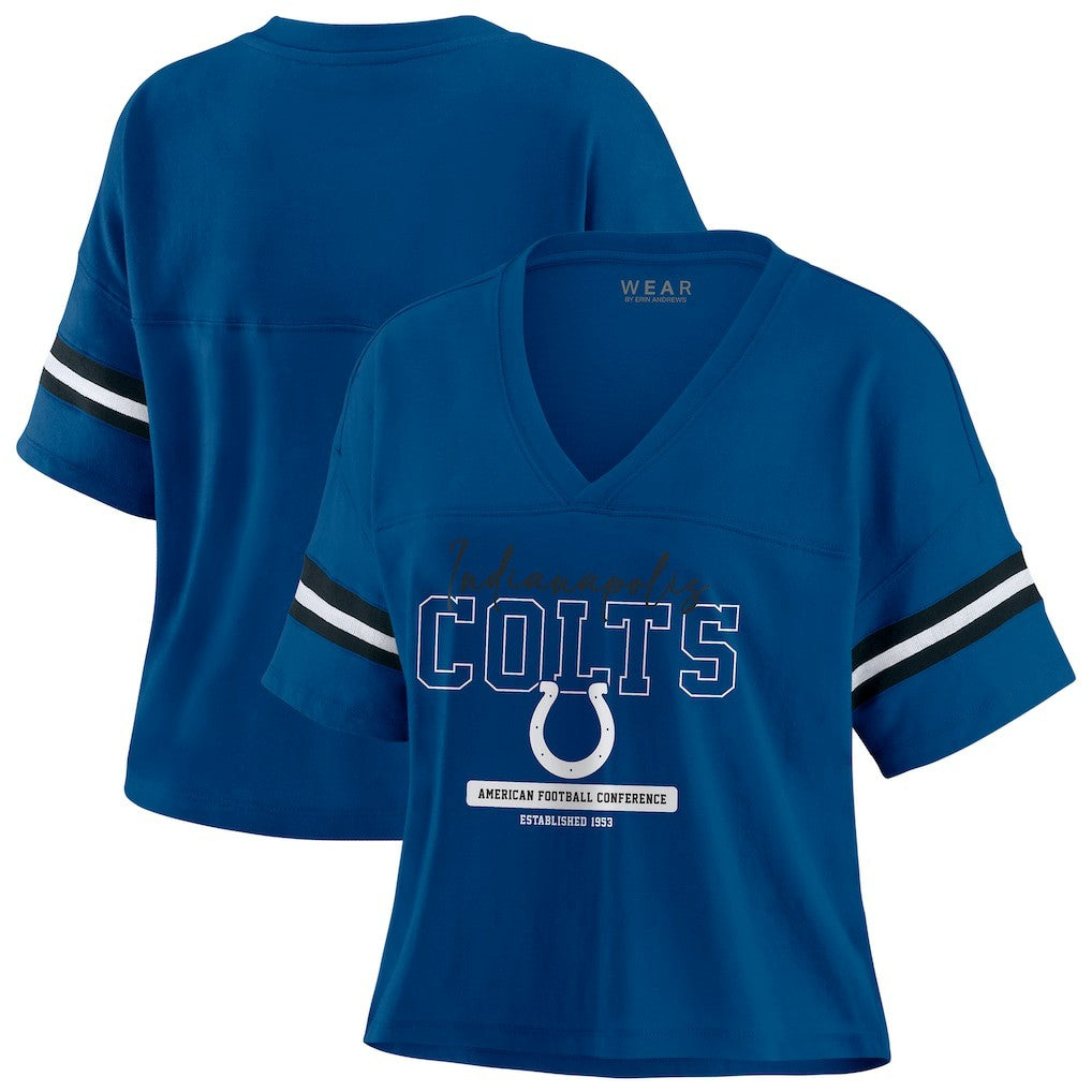 Indianapolis Colts WEAR by Erin Andrews Women's Color Block Boxy Modest Crop V-Neck T-Shirt - Royal on sale
