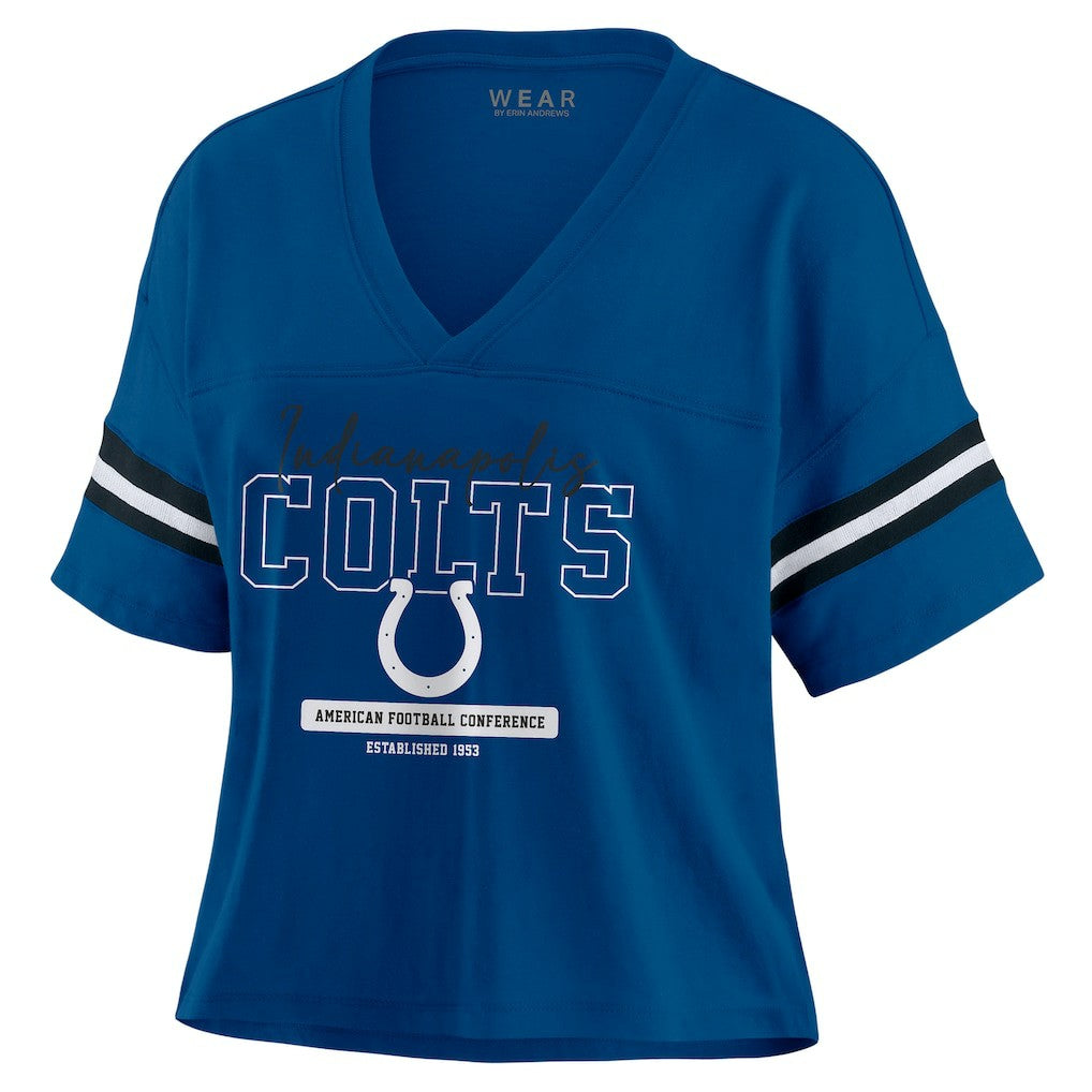 Indianapolis Colts WEAR by Erin Andrews Women's Color Block Boxy Modest Crop V-Neck T-Shirt - Royal on sale