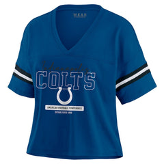 Indianapolis Colts WEAR by Erin Andrews Women's Color Block Boxy Modest Crop V-Neck T-Shirt - Royal on sale