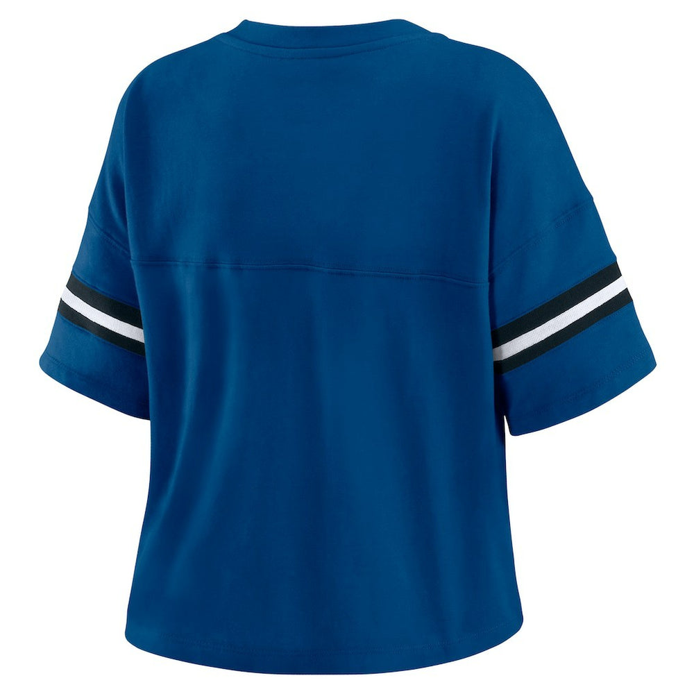Indianapolis Colts WEAR by Erin Andrews Women's Color Block Boxy Modest Crop V-Neck T-Shirt - Royal on sale
