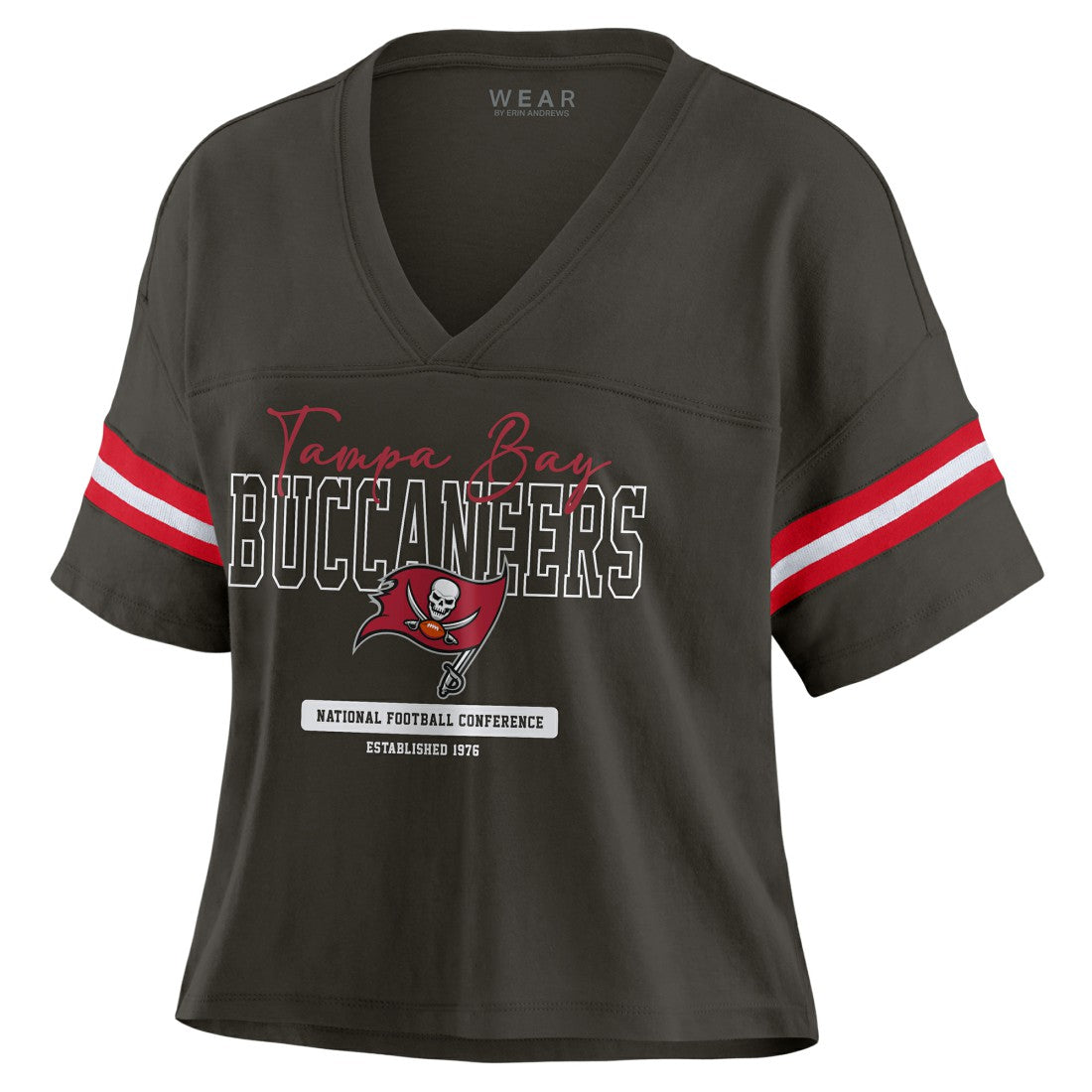 Tampa Bay Buccaneers WEAR by Erin Andrews Women's Color Block Boxy Modest Crop V-Neck T-Shirt - Orange discount