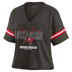 Tampa Bay Buccaneers WEAR by Erin Andrews Women's Color Block Boxy Modest Crop V-Neck T-Shirt - Orange discount