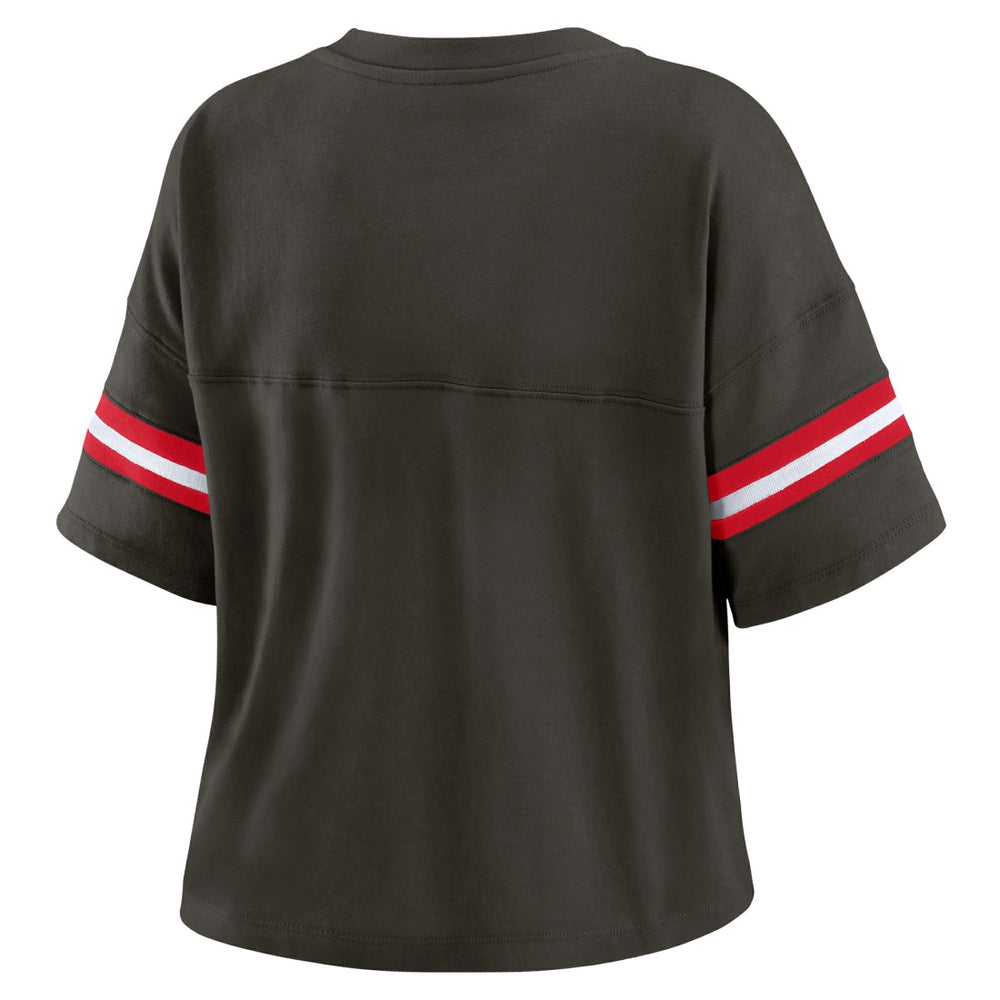 Tampa Bay Buccaneers WEAR by Erin Andrews Women's Color Block Boxy Modest Crop V-Neck T-Shirt - Orange discount