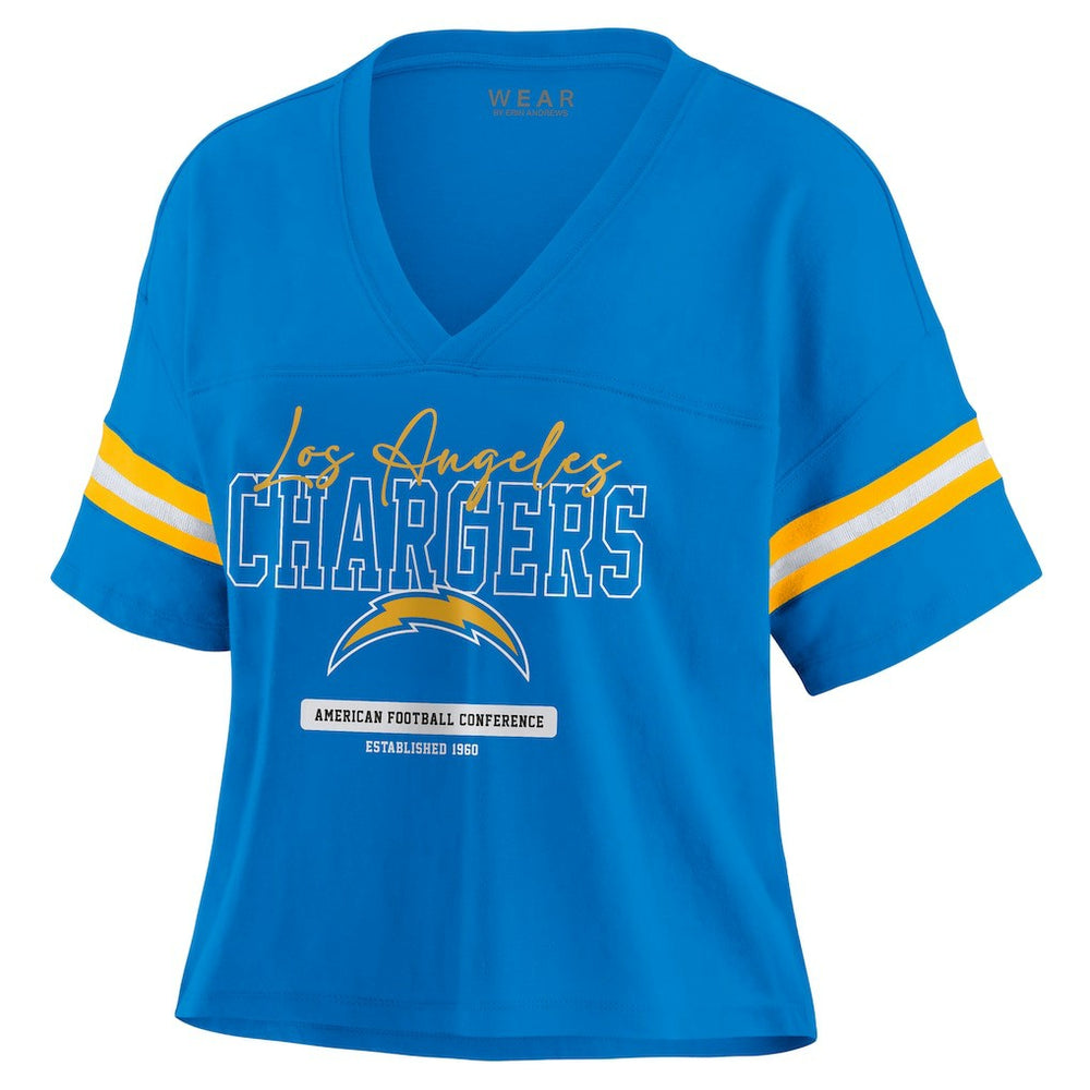 Los Angeles Chargers WEAR by Erin Andrews Women's Color Block Boxy Modest Crop V-Neck T-Shirt - Powder Blue cheap